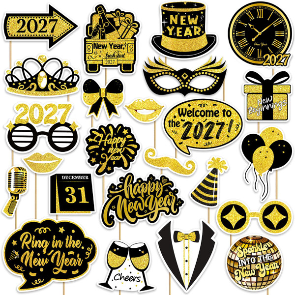 2027 Happy New Years Photo Booth Props, Black Gold New Years Eve Photo Props for 2027 New Year Eve Party Favor Supplies Decorations (24Pcs)