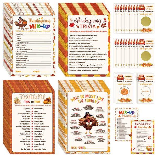 129 Pcs Thanksgiving Party Games Set Friendsgiving Game Decorations Turkey Trivia Scramble Activities Paper Cards for Adults Family Word Search Card Harvest Festival Fall Holiday Supplies Favors