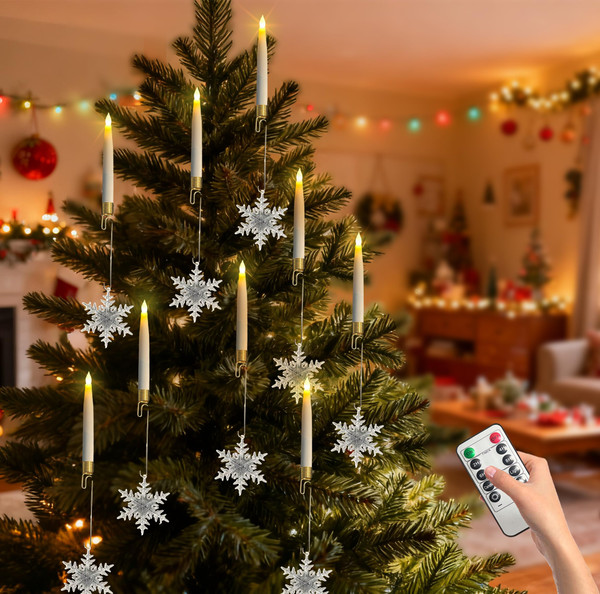 Htscudtg Christmas Tree Candles with Remote,10 Pcs LED Flameless Taper Candles with Clear Snowflake for Christmas Tree Decor, Battery Operated Tree Candlesticks Flickering Flame for Xmas Indoor Decor