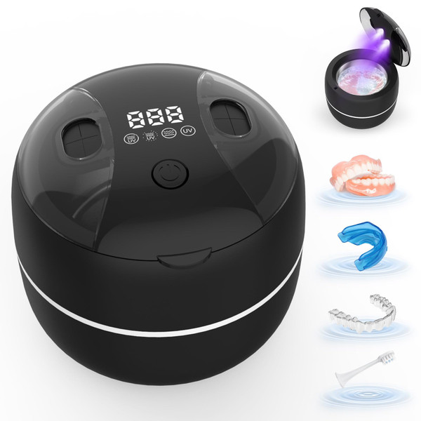 Voraiya Ultrasonic Cleaner Machine with LED Display, 4UV-C & Sweep Frequency 200ml Retainer Cleaner for Dentures, Jewelry,Tooth Brushes(Black)