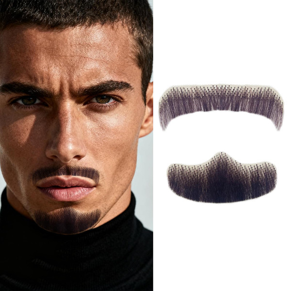 Fake Beard Goatee Mustache Realistic 100% Full Hand Tied Facial Hair, False Beards Lace Invisible Goatee Beards Halloween Dressing Men Makeup Entertainment Drama Party Movie Prop (A-Black Brown)