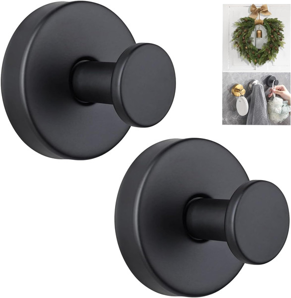 Linwnil Suction Cup Hooks for Wreaths on Glass, Waterproof No-Drill Shower Hooks for Towels, Robes, Coats, Wreaths,Wall Mount Hook for Bathroom, Kitchen and Wreath Hanger for Front Door (Black, 2)