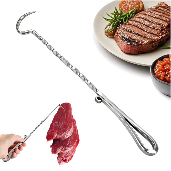 hdjunxi Stainless Steel Meat Hook Flipper, Handmade BBQ Turner Hooks, BBQF Turner Hooks, Flips Cooking Hooks for Grilling Smoking Frying (Right Hand B)