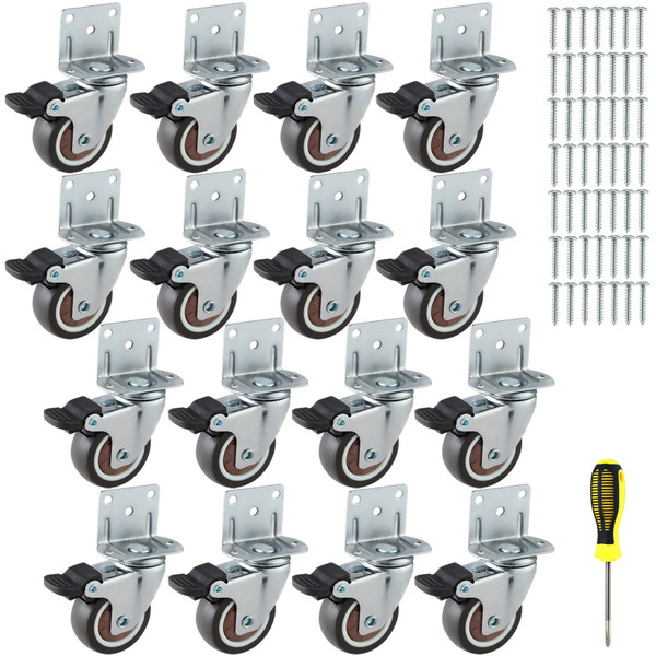 2 Inches Side Mount Caster Wheels Set of 16 L-Shaped Rubber Locking Swivel Casters Heavy-Duty Double Plate Castor with Brake Industrial Metal Wheels for Workbench, Furniture, Cabinet, Woodbox