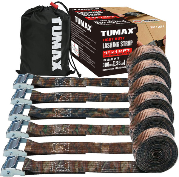 TUMAX 1" x 12' Lashing Straps Cargo Tie-Down Strap, for loads upto: 300lbs & Break strength: 900lbs, 6pk Cam Buckle Tie Down Strap for Cargo Lashing, with Carrying Bag, Camouflage