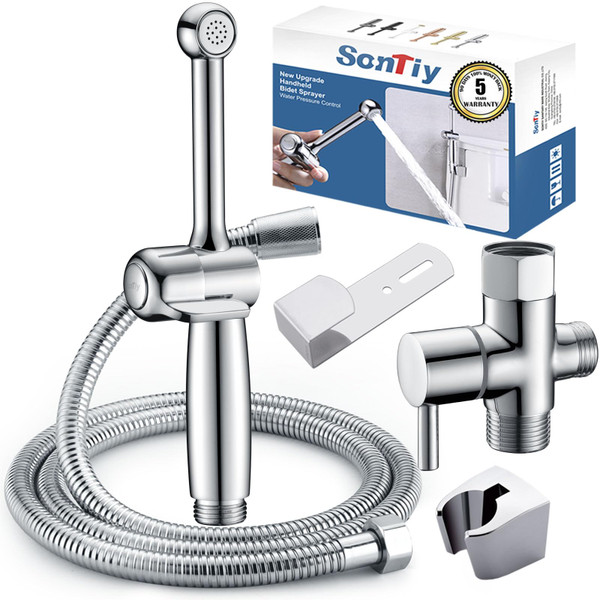 SonTiy Handheld Bidet Sprayer for Toilet, Adjustable Water Pressure Control Cloth Diaper Sprayer with Bidet Hose, Brass Hand Held Bidet Attachment Jet Spray for Toilet with Backflow Preventer, Chrome
