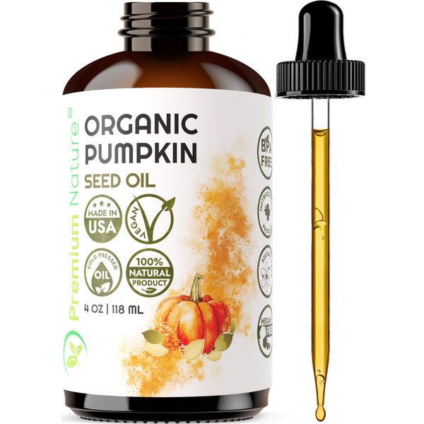 Premium Nature Organic Pumpkin Seed Oil Cold-Pressed Unrefined from, 100% Pumpkin Seed Oil for Hair Growth Pure Pumpkins Oils for Skin Face Hair Oils Aceite de semilla de calabaza para el cabello 4oz