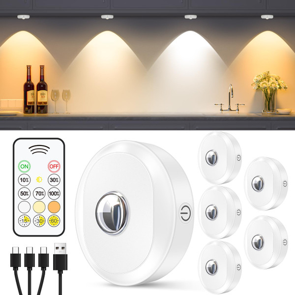 WILLED Rechargeable Puck Lights with Remote Control, 3 Color Temperatures and Timing Function, Dimmable Tap Light, Stick on Under Cabinet Lights, LED Puck Lights for Kitchen, Closet and Shelf(6 Pack)