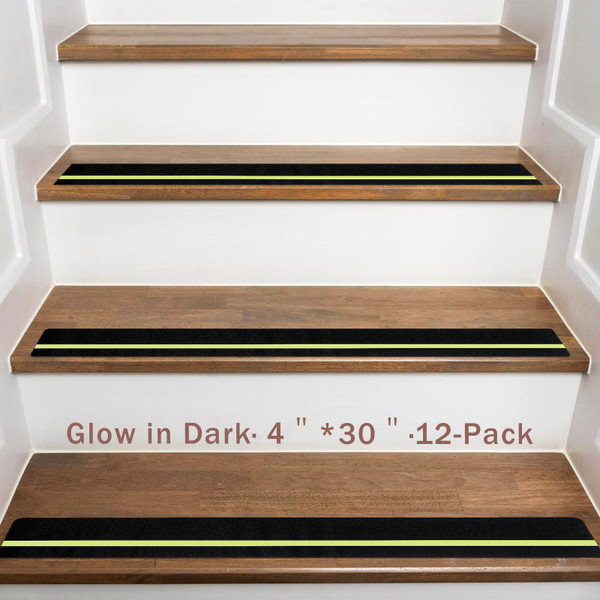Dynta Anti Slip Traction Treads with Glow in Dark Stripe, 4" X 30", Stair Treads Non Slip Tape, 12 Pack, Waterproof, Skateboard Grip Tape, High Traction Friction, Abrasive Adhesive for Stairs