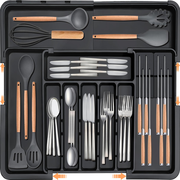 Homecor Silverware Organizer - Expandable Large Kitchen Drawer Organizer Utensil Organizer with 2 Removable Knife Blocks, 22"x 19"Cutlery Tray Drawer Dividers for Kitchen Flatware (9 Slots) (Black)