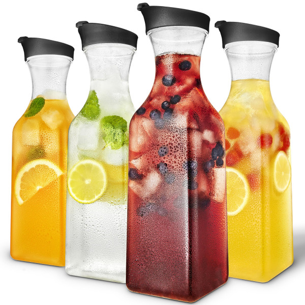 50oz Plastic Juice Carafe with Black Lids (4 Pack) 50 oz Carafes for Mimosa Bar, Drink Pitcher with Lid, Milk Container, Clear Beverage Containers for Fridge, Pantry Storage, Square Pitchers