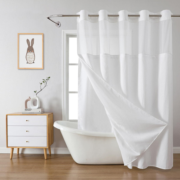 eachope No Hook Waffle Shower Curtain with Snap-in Liner, 71x77 Inch, White