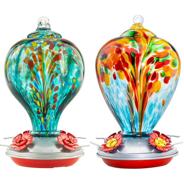 LaElvish Garden 2 Packs Hummingbird Feeder for Outdoors Hanging Ant and Bee Proof, 34OZ 32OZ Hand Blown Glass Hummingbird Feeders for Outside (Yellow & Teal)