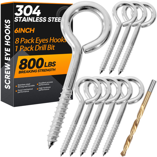 8Pcs 6 Inch Heavy Duty Screw Eyes Hooks, 304 Stainless Steel Self Tapping Eyelet Screw Eye Bolts,800LBS Breaking Strength, Screw in Eye Hooks for Wood Securing Cables Wire. (8, M10-6 Inch)