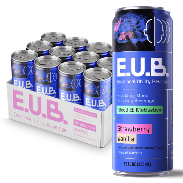 Emotional Utility Mood and Motivation Beverage -Strawberry Vanilla Sparkling Beverage with Nootropics & Adaptogens, 12oz cans (12 pack)