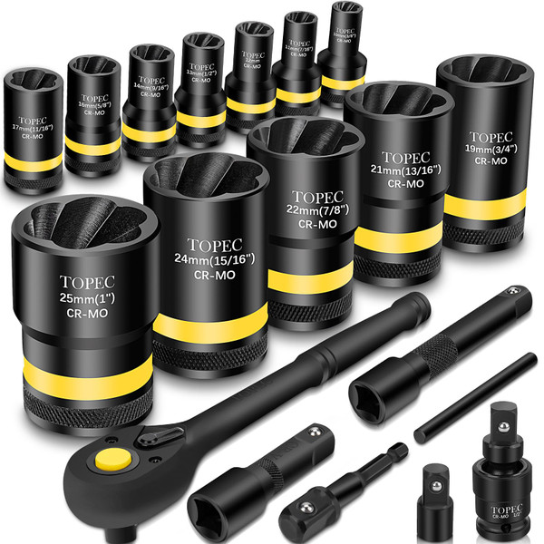Topec 1/2" Drive Lug Nut Removal Tool, 19-Piece 10-25mm, Impact Lug Nut Extractor Socket Set with Ratchet Handle, Wheel Lock Removal Kit for Damaged, Rounded, Stripped Car Bolt Nuts