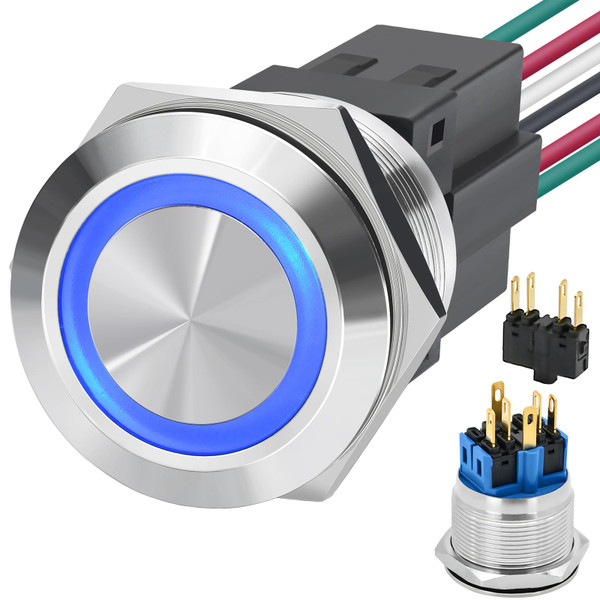 UL Listed 25MM Big Latching Push Button Switch 1“ DPDT SPDT Waterproof IP67 Stainless Steel 304 with 24V DC/AC LED Light with Wire Socket