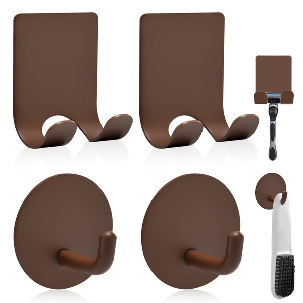 Diesisa Razor Holder for Shower + Adhesive Wall Hooks, Premium 304 Stainless Steel Shower Razor Holder with Heavy Duty Waterproof Sticky Hooks for Hanging Towels, Coat, hat (2+2 Pack)-Brown