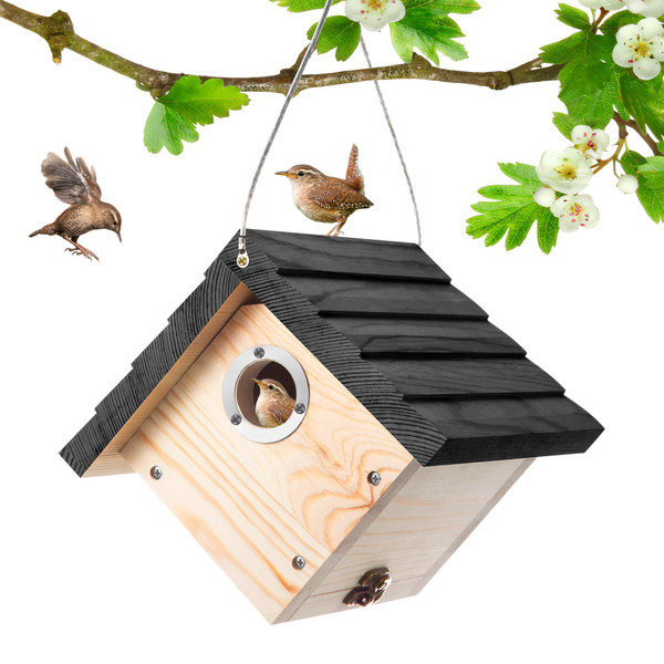 Dreyoo 1 Pack Wren House, 1-1/8'' Entrance Hole Hanging Wooden Wren Bird Houses for Outside with Metal Guard, Air Vents, Pine Wood for Chickadees (Black)