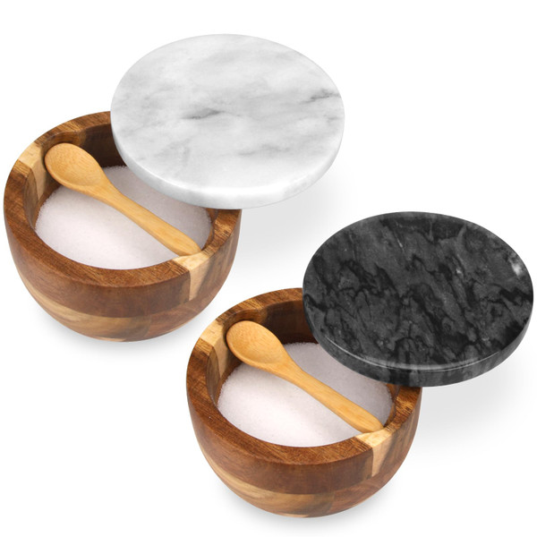 HESHIBI Salt Cellar Box with Lid & Spoon, Marble Lid Set