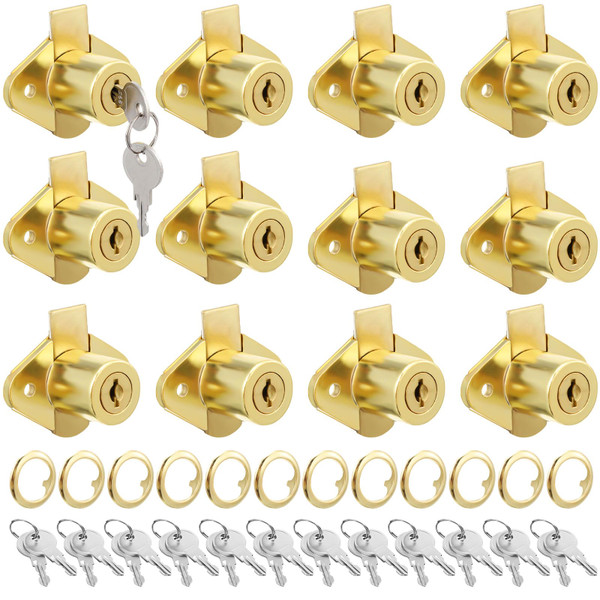 Yaocom 12 Set Cabinet Locks with Keys Fits 7/8 Inch Max Panel Thickness, Includes 12 Gold Drawer Lock Brass Plated Office Mailbox File Cabinet Lock, with 24 Keys, (Keyed Different)