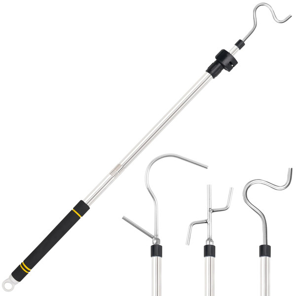 Gzlozak Clothes Hook Pole, High Reach Garment Hook 38“ - 63” Telescoping Pole with 3 Hooks and Foam Handle for Hanging Clothes String Lights Plants Grabbing Trunk Cargo Shelf Items