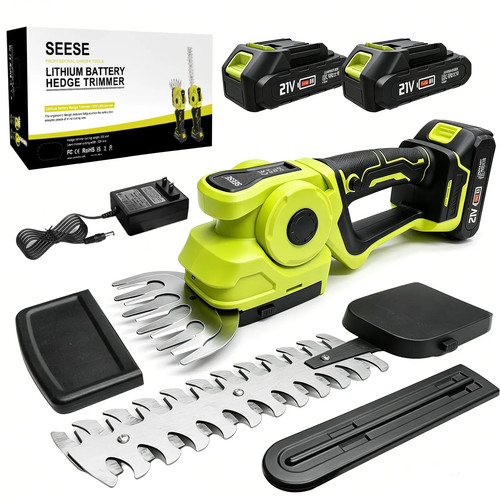 SEESE Cordless 2-In-1 Grass Shear & Shrub Trimmer, Handheld Electric Hedge Trimmer, 2*21V Batteries,Lightweight for Lawn Hedge Garden Yard Maintenance