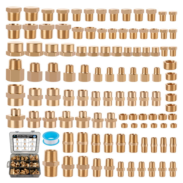 Ailbiuko 106PCS Brass Pipe Fittings Assortment Kit,1/8" 1/4" 3/8" 1/2" NPT