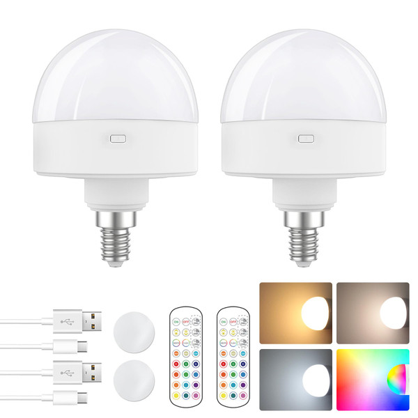 E12 Rechargeable Light Bulb with Remote Control Timer and 15 Colors Options,Battery Operated Light Bulbs,Magnetically,Dimmer,Wireless Puck Light Bulb for Wall Sconce,Non-Hardwired,Detachable,2 Pack