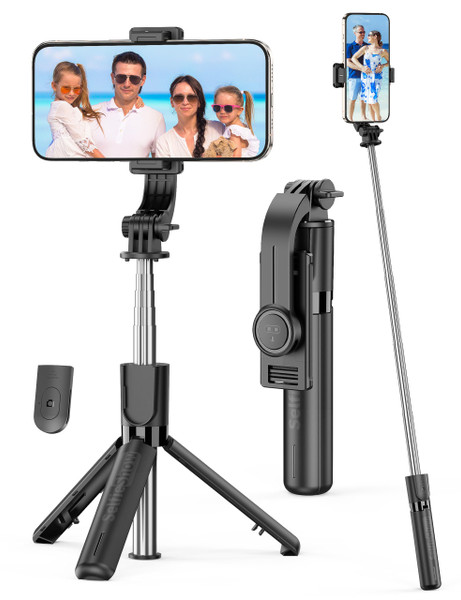 Portable Selfie Stick, 4 in 1 Extendable Phone Tripod Stand with Detachable Wireless Remote & Phone Holder 360° Rotating Mini Travel Tripod Compatible with iPhone 16/15/14/13 Pro/Android/Gopro
