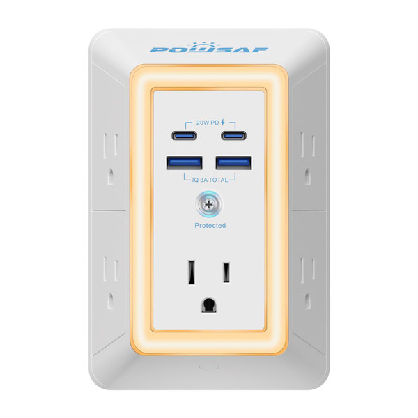 Multi Plug Outlet Surge Protector - POWSAF 5 Outlet Extender with 4 USB Ports(2 USB-C PD 20W) and Night Light, 3-Sided Power Strip with Adapter Spaced Outlets - ETL, White