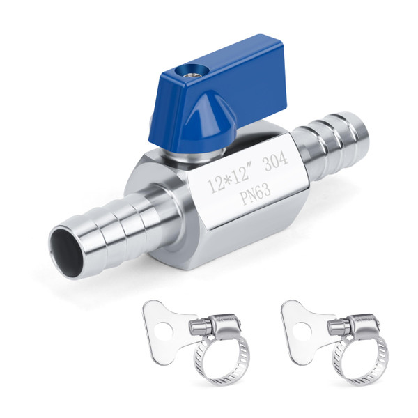 7/16" Double Barbed Ball Valve, Stainless Steel, with Hose Clamps, 12x12mm