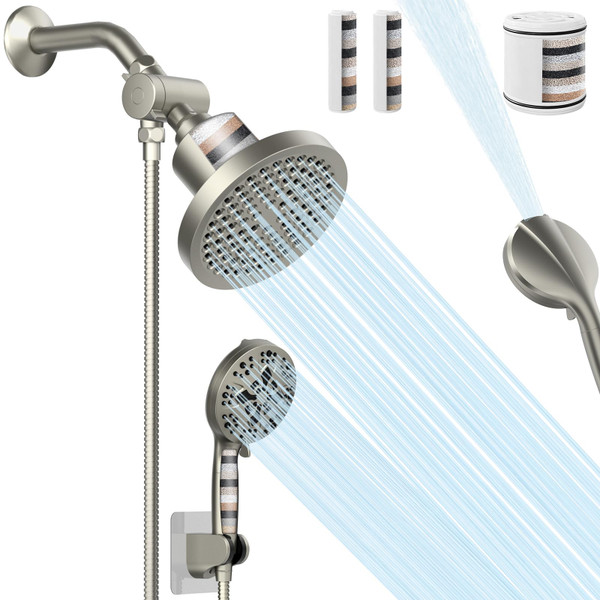 Filtered Shower Head With Handheld Spray Combo for Hard Water,High Pressure 6" Rain & 5" Handheld Dual Shower Head,Detachable,69" Stainless Steel Shower Hose,2PCS Filters