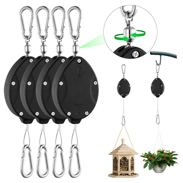 4 Pack Heavy Duty Plant Pulley, Retractable Plant Hanger with Steel Rope