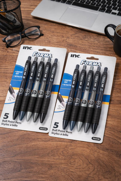 INC FORMA Retractable Ballpoint Pens - Black and Blue Ink, 1.0 mm Tip, Assorted Barrel Colors, Pack of 5”