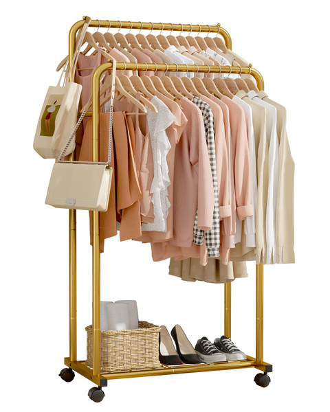 Sakugi Clothes Rack - Clothing Rack with Storage Mesh Shelf & Casters, Heavy-Duty Metal Clothing Rack for Hanging Clothes, Dresses, Coats, Large Load Capacity, Easy Assembly, Gold, 28.0"x16.0"x59.0"