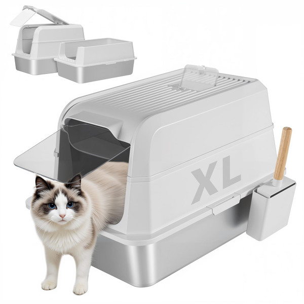 UNZIPE Stainless Steel Litter Box - XL Extra Large Cat Litter Box with Lid, Enclosed Metal Litter Pan with High Sided Enclosure & Scoop, Anti Leakage, Easy to Clean, Odor Control (White)