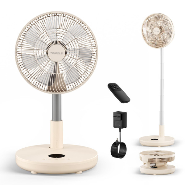 TriPole Foldable Standing Fan 12" Portable Rechargeable Quiet Fans, 6 Speed