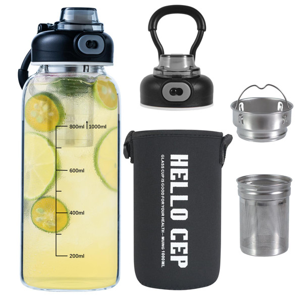 CHPINDAM 34oz tea bottle with infuser - Large Capacity Glass Water Bottle, With Time Mark, Stainless Steel Tea Strainer,Sleeve, BPA Free,For hot or cold drinks, coffee, tea and water