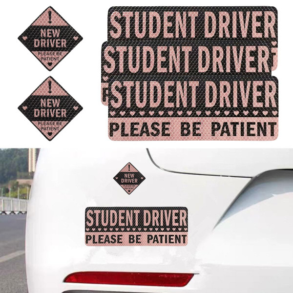 5PCS Non-Magnetic Student Driver Stickers – Reflective New Driver Sticker for Car Bumper & Window | Please Be Patient Rookie Safety Attention Sign for Novice Drives, Learner Drivers (Black/Pink)