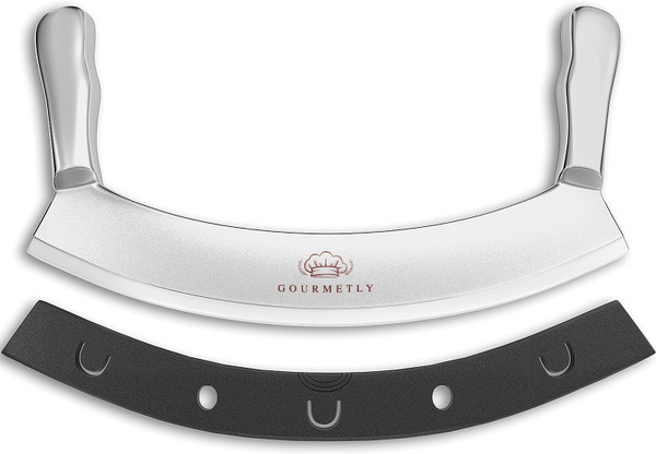 Gourmetly Stainless Steel Mezzaluna Knife with Cover – 12 In. Curved Blade with Solid Steel Handles & Mezzaluna Sheath – Pizza Cutter Rocker, Rocker Knife Veggie Cutter, Salad Chopper, & Herb Cutter