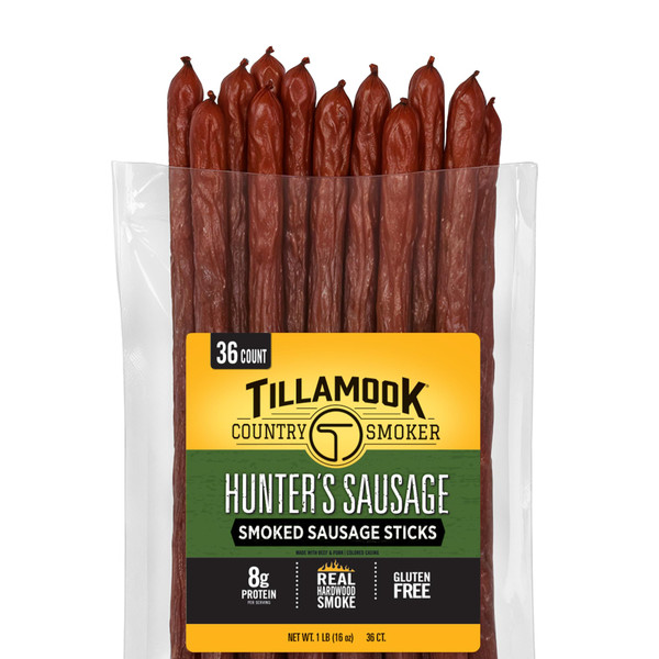 Tillamook Country Smoker Hunter’s Sausage Smoked Sausage, 16 Oz, 36 Ct, Bulk Pack, Real Hardwood Smoked Beef Meat Sticks, 8g Protein, 0g Sugar & 0g Carbs, Gluten Free Keto Snacks
