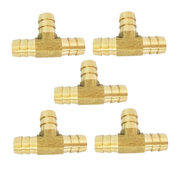 3/8" x 3/8" x 3/8" Barbed Tee Brass Barb T Hose Fitting 3 Way Connector Fuel/Air/Gas/Water 5pcs