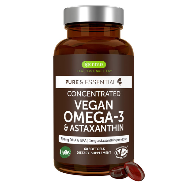 Igennus Vegan Omega 3 Algae Oil, EPA DHA 600mg, 60 Softgels