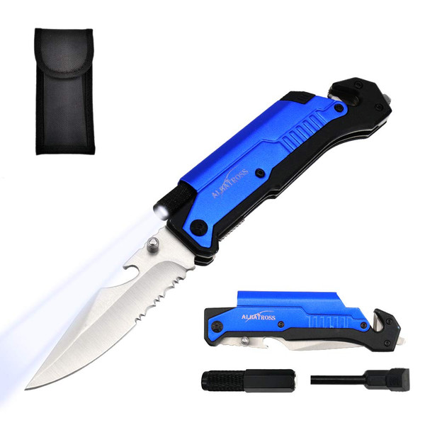 ALBATROSS Best 6-in-1 Survival Tactical Military Folding Pocket Knives with LED Light,Seatbelt Cutter,Glass Breaker,Magnesium Fire Starter,Bottle Opener;Multi-Function Emergency Tool(Blue-SA)
