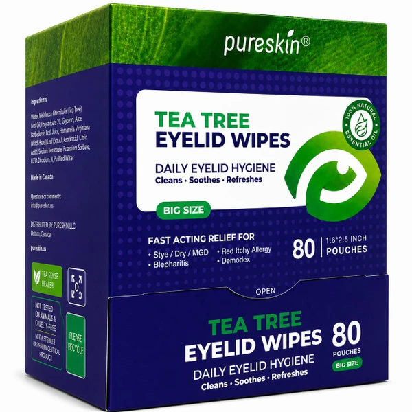 Pureskin Eyelid Wipes with Tea Tree Oil - 80 Eye Lid Cleaning Scrubs for Blepharitis, Demodex, MGD, Stye, Allergy, Dry & Tired Eyes - Refreshing Cleansing with Aloe Vera, Hyaluronic Acid & Vitamin E