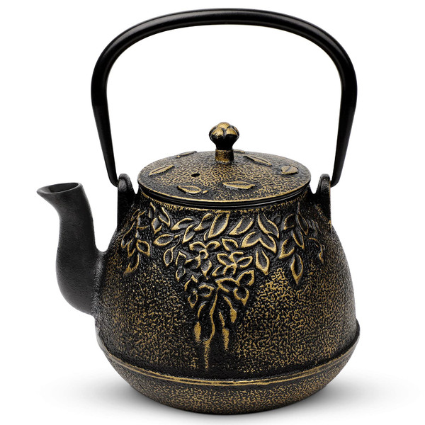 Toptier Tea Kettle for Stove Top, Cast Iron Teapot Stovetop Safe with Infusers for Loose Tea, 54 oz, Black