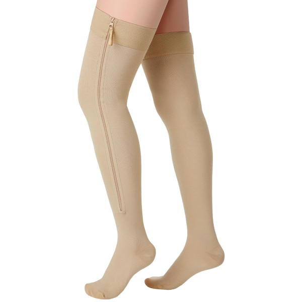 Sosation Thigh High Zipper Compression Socks Women, Beige, X-Large