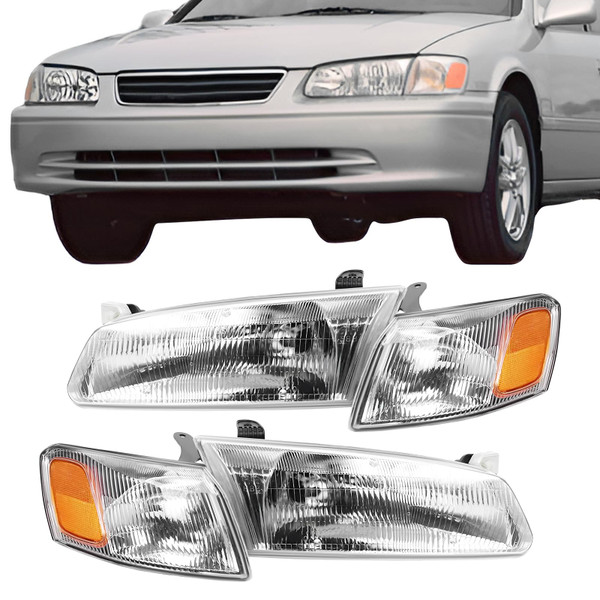 PIAOYUE- For 1997 1998 1999 Toyota Camry Halogen Front Headlights Assembly Headlamps w/Corner Lights Left+Right Side 1 Pair Chrome Housing Clear Lens