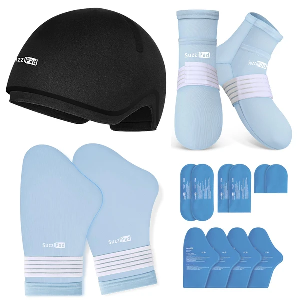 Suzzipad Cold Therapy Socks and Hand Ice Pack, Cooling Gloves for Chemotherapy, Stress Relief Caps, Ideal for Carpal, Chemo Care Package for Women & Men, S/M